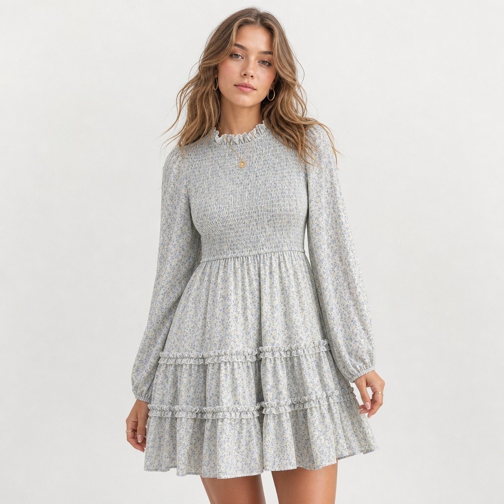 Petal + Pup Women's Size 6 Blue Smocked Floral Mini Dress Long Sleeve NWT